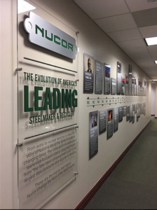 Nucor Brands with Acrylic Corporate Timeline Lobby Sign in Charlotte!