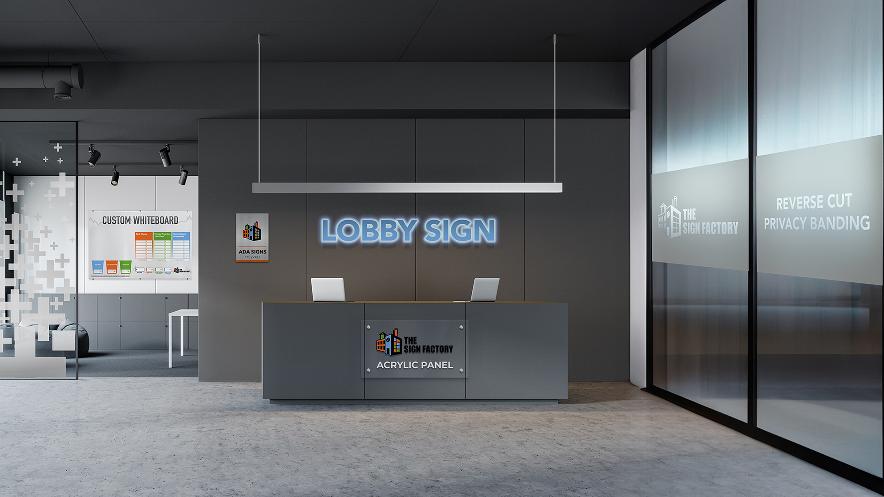 Rendering of different types of interior signage